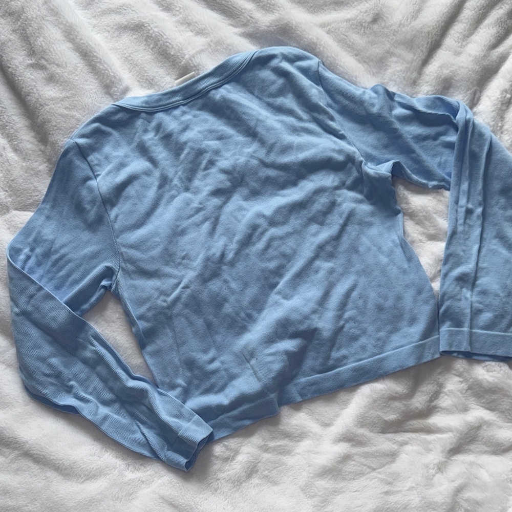 Blue Ribbed Long Sleeve Top XL Fitted Stretch Basic Layering Tee - Picture 8 of 9